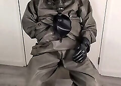Breathplay masturbation Zodiac Zodiak heavy rubber hazmat suit with gasmask rebreathing bag,