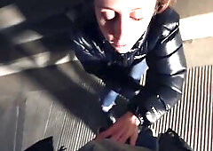 risky public facial & cumwalk in the car park w/ shiny puffy jacket