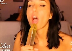 Brunette and her toys have close up masturbation sex