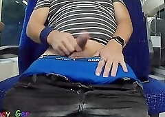 Horny on a moving train: Masturbating in public and using a vibrator on my thick cock.