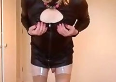 Leather dress strip in nude stockings