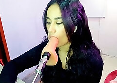 Brunette Sucks Big Pink Dildo Machine