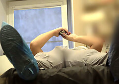 Exhibitionist amateur flashes his massive bulge and whips out his thick cock during a fake doctor's medical exam roleplay