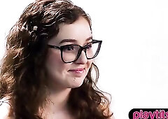 Large butt fat nerdy hottie Leana Lovings shows off large melons and masturbates