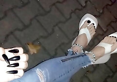 Muscle Hunk Heelex Struts Girl-On-Top During Late Night Street Stroll In Torn Skinny Jeans And Sky