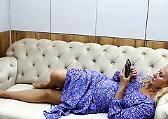 Glamorous golden-haired aged amateur wife Selena enjoys one of her every single day sex videos in costume on the sofa