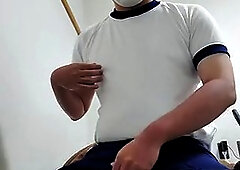 Chubby Japanese boy in PE uniform masturbates in his underwear