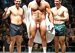 Holding towel for naked hetero boxer. Sharing weenie — AI Generated